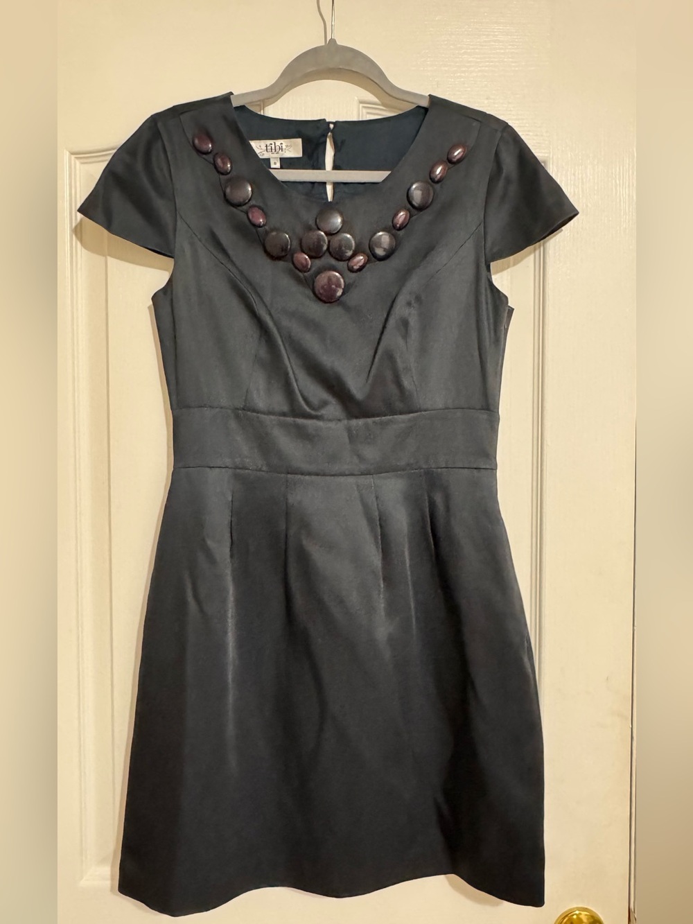 Tibi Black Cap-Sleeve Dress with Beaded V-Neck